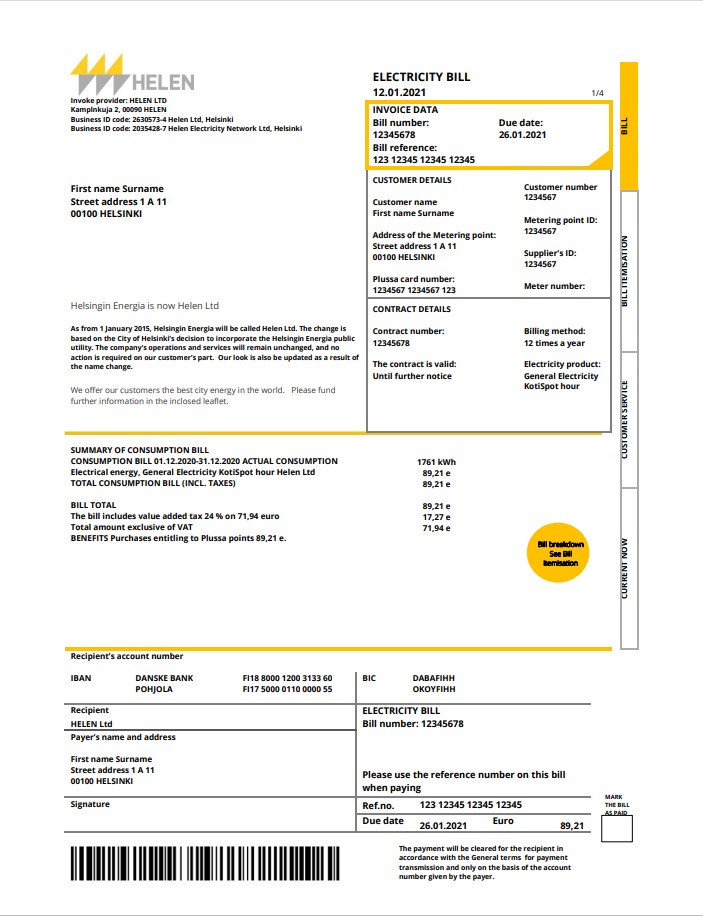 Finland HELEN utility bill template in Word and PDF format